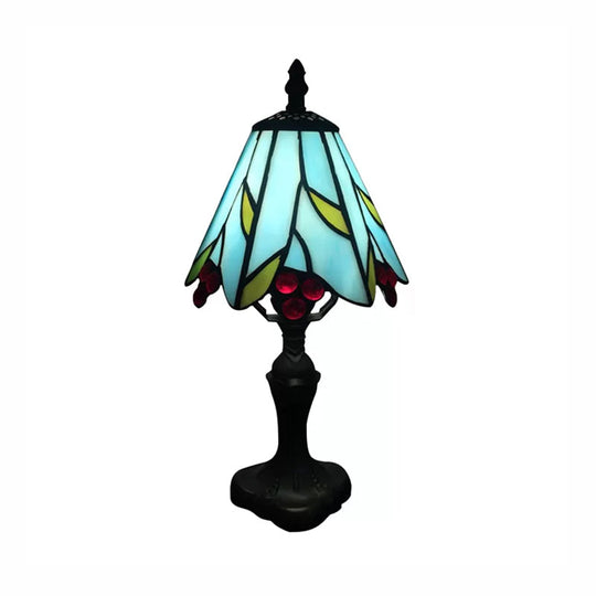 Stained Glass Cone Table Light With Metal Base & Gem/Grape/Peacock Tail Pattern - Tiffany Bedside