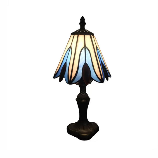 Stained Glass Cone Table Light With Metal Base & Gem/Grape/Peacock Tail Pattern - Tiffany Bedside