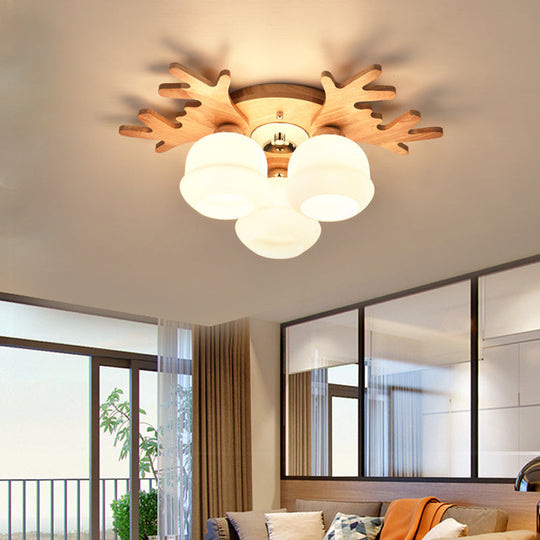 White Bud Shade Ceiling Mount Light with Beige Antlers - Kid Bedroom's Lovely Wooden Ceiling Lamp