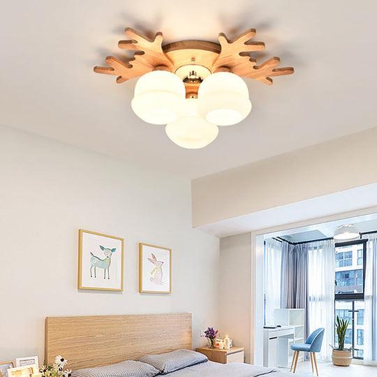 White Bud Shade Ceiling Mount Light with Beige Antlers - Kid Bedroom's Lovely Wooden Ceiling Lamp