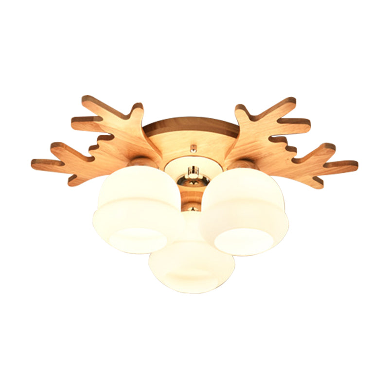 White Bud Shade Ceiling Mount Light with Beige Antlers - Kid Bedroom's Lovely Wooden Ceiling Lamp