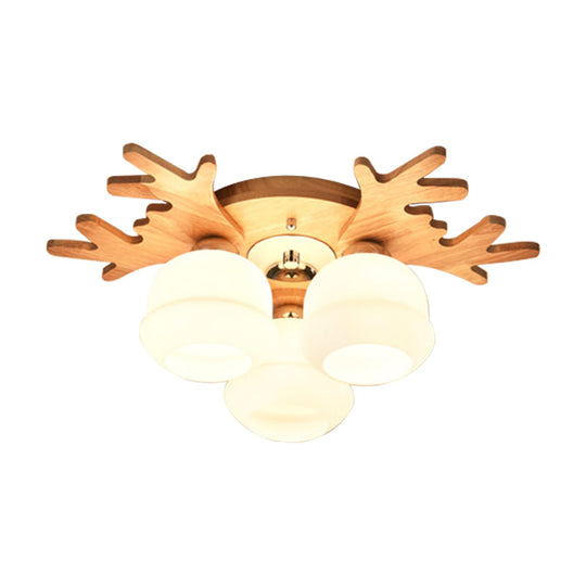 White Bud Shade Ceiling Mount Light With Beige Antlers - Kid Bedrooms Lovely Wooden Lamp