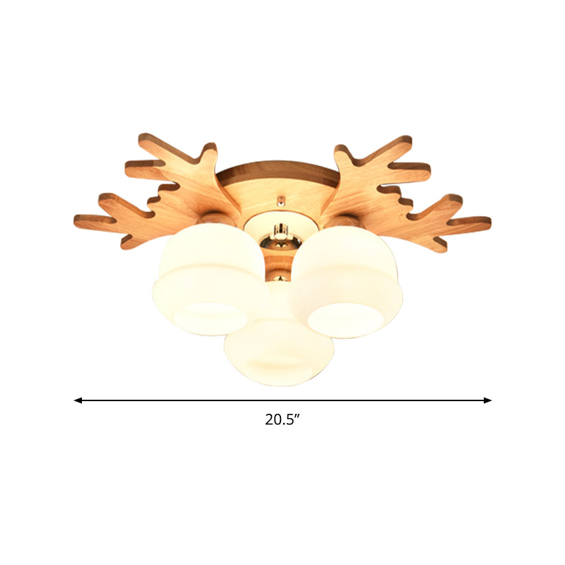 White Bud Shade Ceiling Mount Light with Beige Antlers - Kid Bedroom's Lovely Wooden Ceiling Lamp