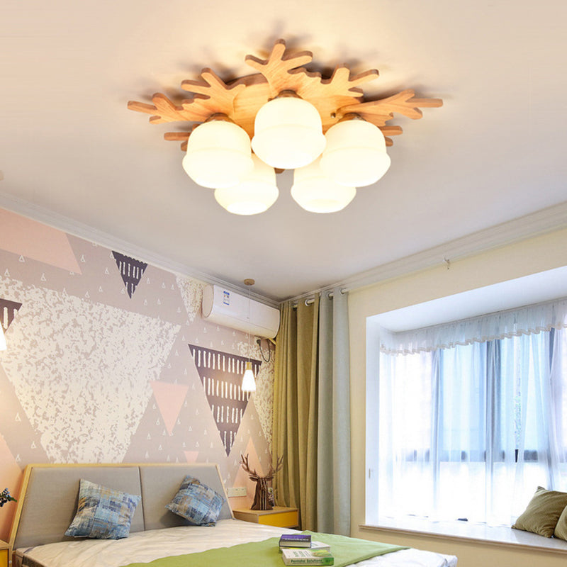 White Bud Shade Ceiling Mount Light with Beige Antlers - Kid Bedroom's Lovely Wooden Ceiling Lamp