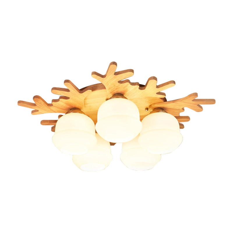 White Bud Shade Ceiling Mount Light with Beige Antlers - Kid Bedroom's Lovely Wooden Ceiling Lamp