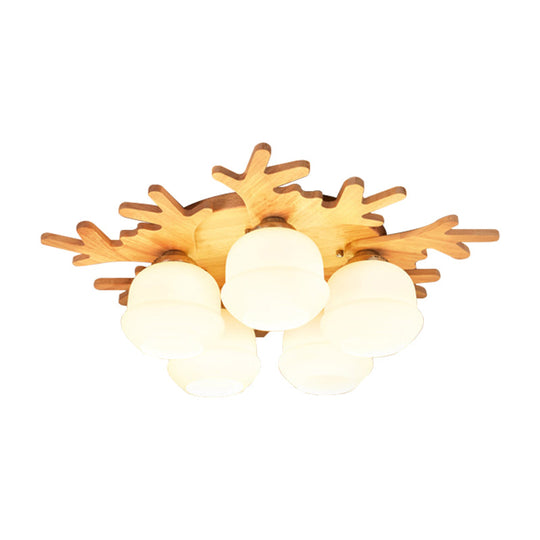 White Bud Shade Ceiling Mount Light with Beige Antlers - Kid Bedroom's Lovely Wooden Ceiling Lamp