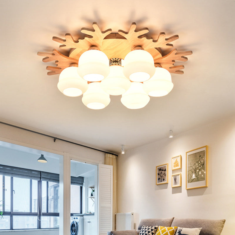 White Bud Shade Ceiling Mount Light with Beige Antlers - Kid Bedroom's Lovely Wooden Ceiling Lamp