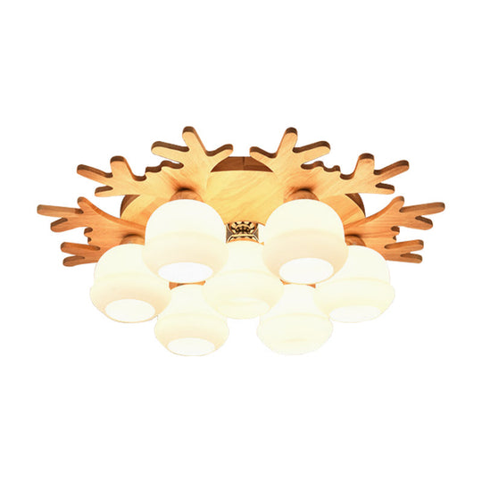 White Bud Shade Ceiling Mount Light with Beige Antlers - Kid Bedroom's Lovely Wooden Ceiling Lamp