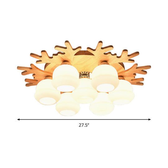 White Bud Shade Ceiling Mount Light with Beige Antlers - Kid Bedroom's Lovely Wooden Ceiling Lamp