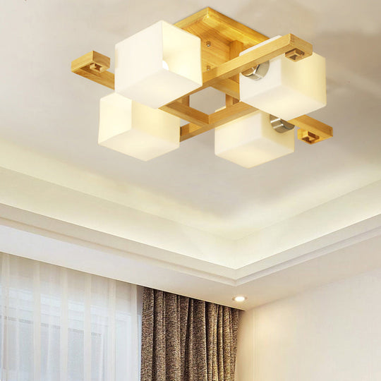 Japanese Style Cube Shade LED Flush Mount with Wood and Milk Glass - Perfect for Office Ceilings!