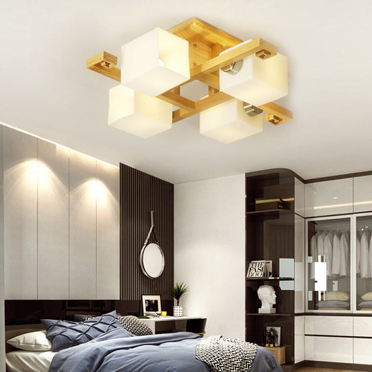 Japanese Style Cube Shade LED Flush Mount with Wood and Milk Glass - Perfect for Office Ceilings!