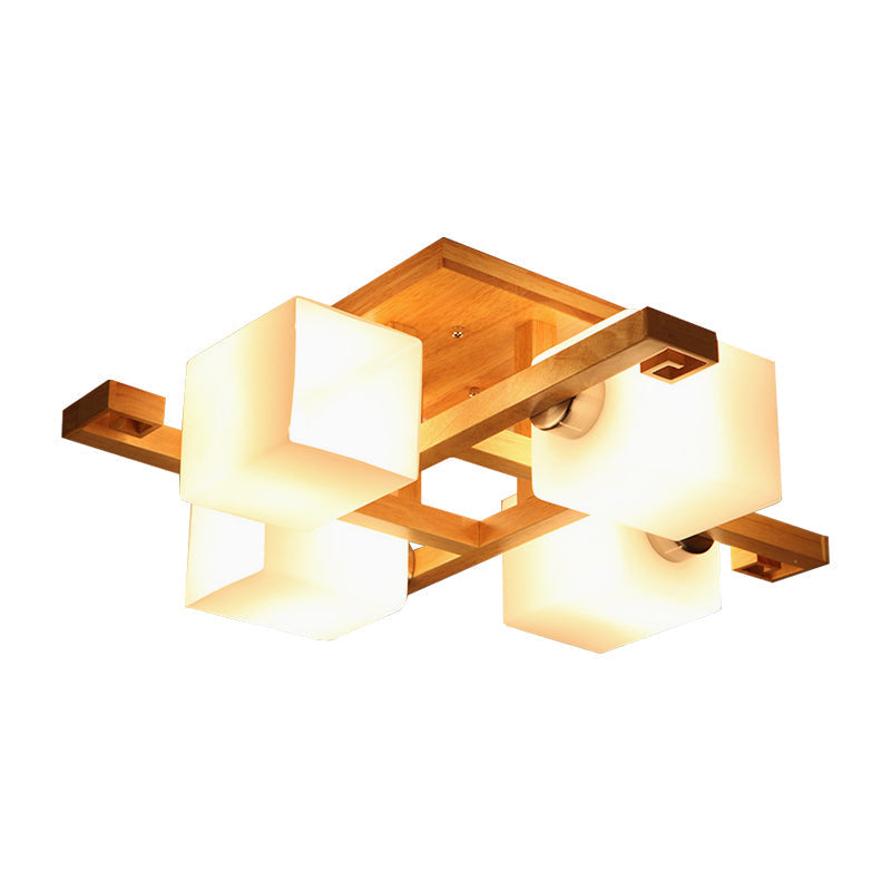 Japanese Style Cube Shade LED Flush Mount with Wood and Milk Glass - Perfect for Office Ceilings!