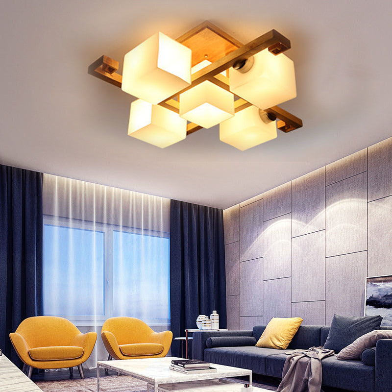 Japanese Style Cube Shade LED Flush Mount with Wood and Milk Glass - Perfect for Office Ceilings!