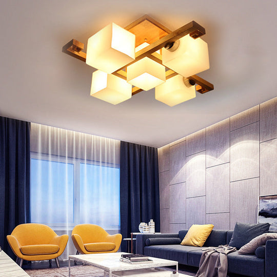 Japanese Style Cube Shade LED Flush Mount with Wood and Milk Glass - Perfect for Office Ceilings!