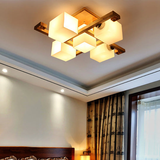 Japanese Style Cube Shade LED Flush Mount with Wood and Milk Glass - Perfect for Office Ceilings!