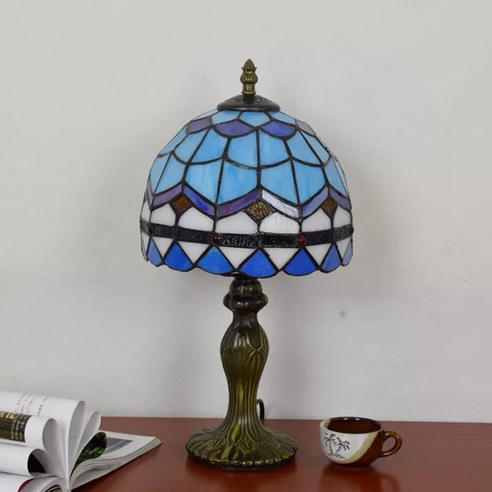 Domed Table Lamp In Baroque Style Stained Glass For Bedroom Lighting - Blue/Brown 1 Light 6/8 Width