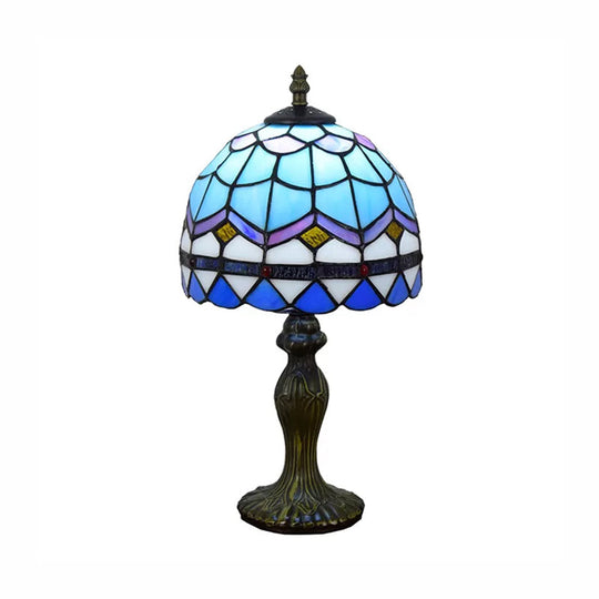 Domed Table Lamp In Baroque Style Stained Glass For Bedroom Lighting - Blue/Brown 1 Light 6/8 Width