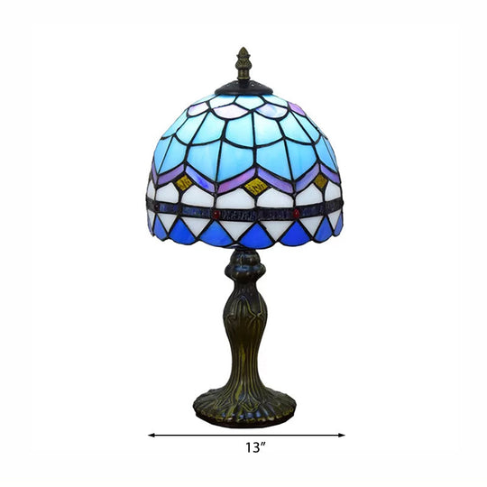 Domed Table Lamp In Baroque Style Stained Glass For Bedroom Lighting - Blue/Brown 1 Light 6/8 Width