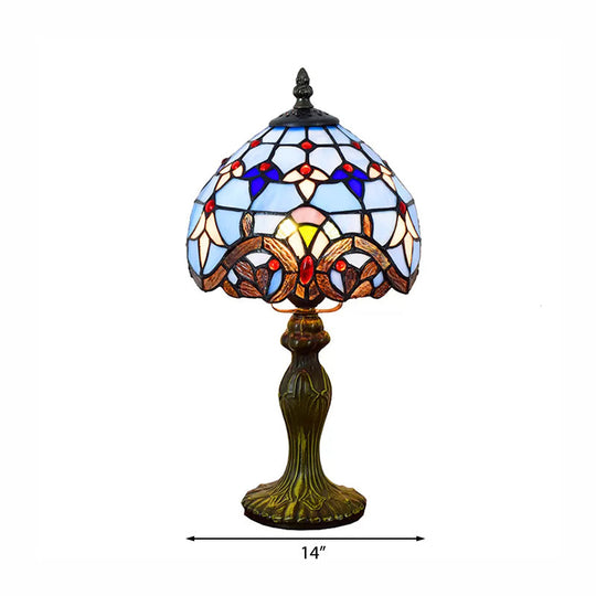 Domed Table Lamp In Baroque Style Stained Glass For Bedroom Lighting - Blue/Brown 1 Light 6/8 Width