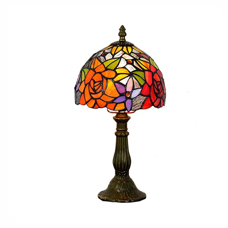 Rustic Tiffany Stained Glass Table Lamp With Multi Color Flowers - Bronze/Brass Finish