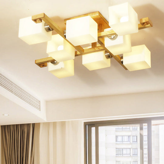 Opal Glass & Wood Cube Shade Ceiling Lamp - Modern LED Flush Light for Living Room Ceiling, Beige