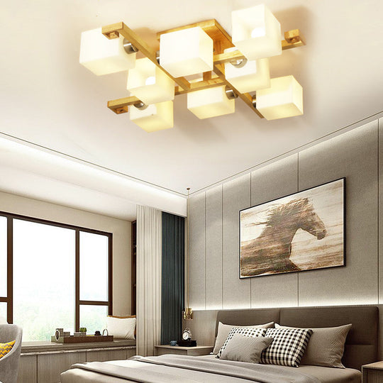 Opal Glass & Wood Cube Shade Ceiling Lamp - Modern LED Flush Light for Living Room Ceiling, Beige