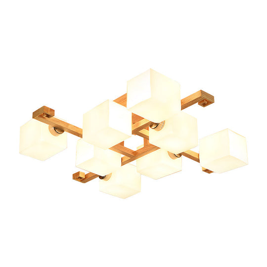 Opal Glass & Wood Cube Shade Ceiling Lamp - Modern LED Flush Light for Living Room Ceiling, Beige