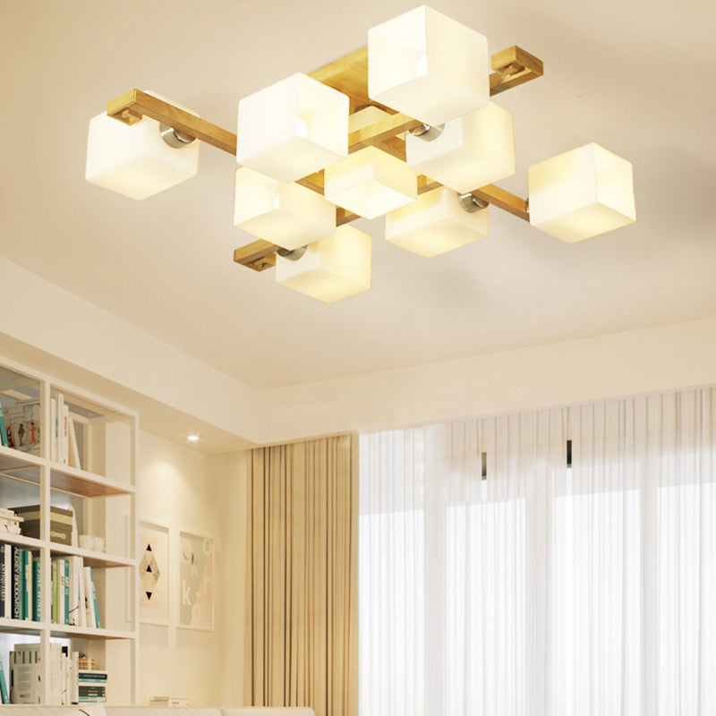 Opal Glass & Wood Cube Shade Ceiling Lamp - Modern LED Flush Light for Living Room Ceiling, Beige