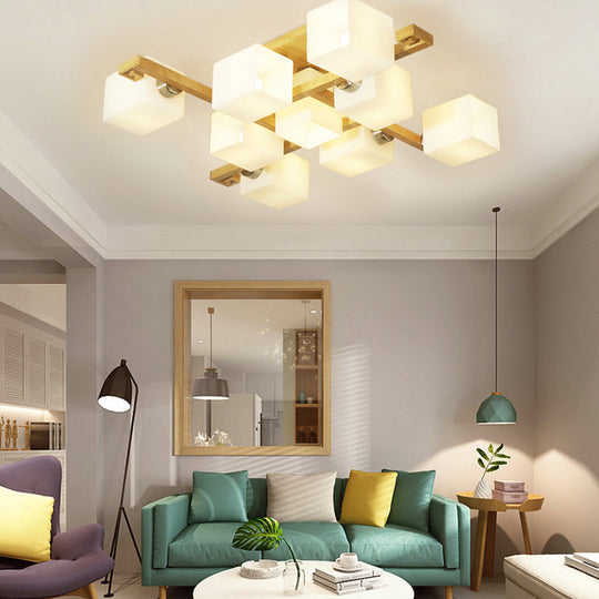 Opal Glass & Wood Cube Shade Ceiling Lamp - Modern LED Flush Light for Living Room Ceiling, Beige