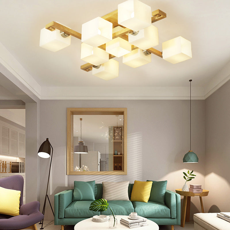 Opal Glass & Wood Cube Shade Ceiling Lamp - Modern Led Flush Light For Living Room Beige