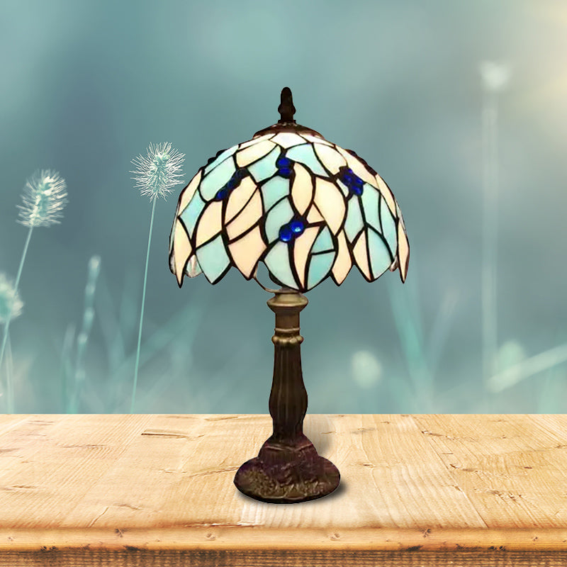 Blue Leaf Tiffany Stained Glass Table Light For Bedroom With Dome Shade - Standing Lamp 1 Bulb