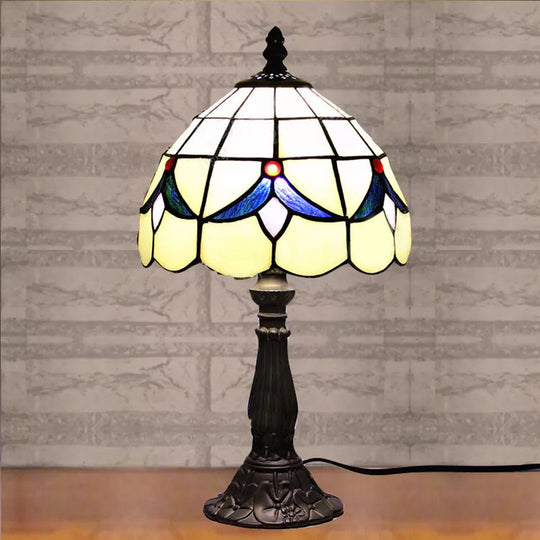 Stained Glass Rustic Floral Table Lamp With Dome Shade - Beige For Reading