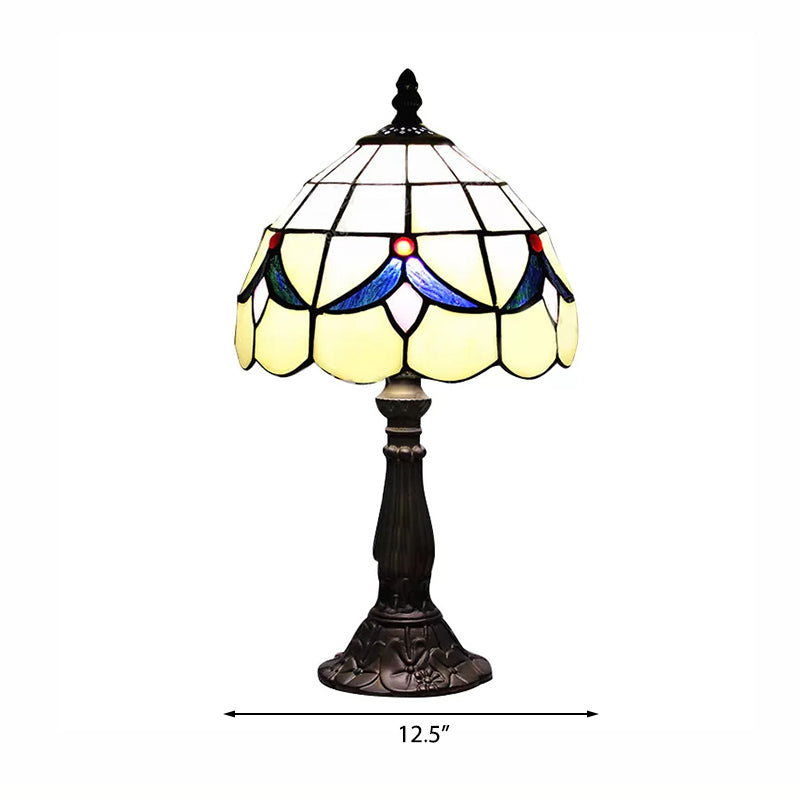 Stained Glass Rustic Floral Table Lamp With Dome Shade - Beige For Reading