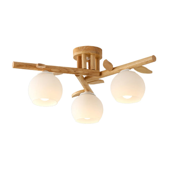 Semi Flush Opal Glass Ceiling Lamp with Wooden Branch - Creative Sphere Dining Room Light in Beige