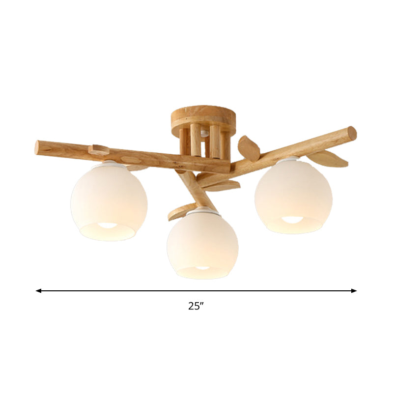 Semi Flush Opal Glass Ceiling Lamp with Wooden Branch - Creative Sphere Dining Room Light in Beige