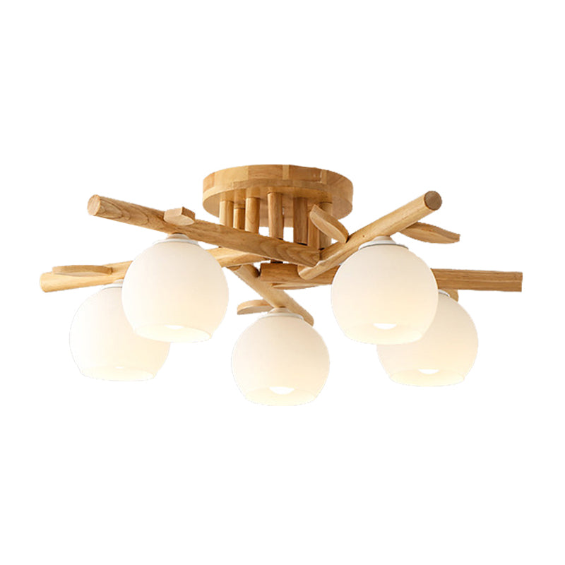 Semi Flush Opal Glass Ceiling Lamp with Wooden Branch - Creative Sphere Dining Room Light in Beige