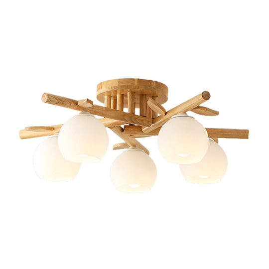 Semi Flush Opal Glass Ceiling Lamp with Wooden Branch - Creative Sphere Dining Room Light in Beige