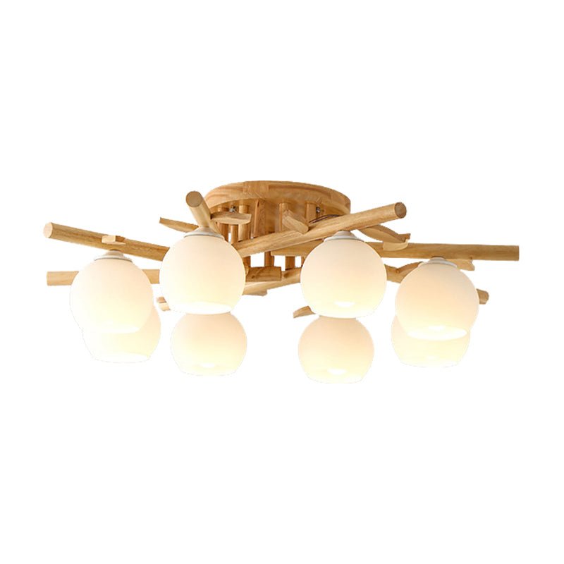 Semi Flush Opal Glass Ceiling Lamp with Wooden Branch - Creative Sphere Dining Room Light in Beige