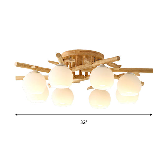 Semi Flush Opal Glass Ceiling Lamp with Wooden Branch - Creative Sphere Dining Room Light in Beige