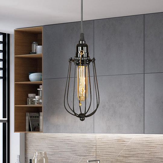 Adjustable Industrial Metal Pendant Light - Black Bulb Shaped Hanging Lamp 1 For Kitchen With Wire