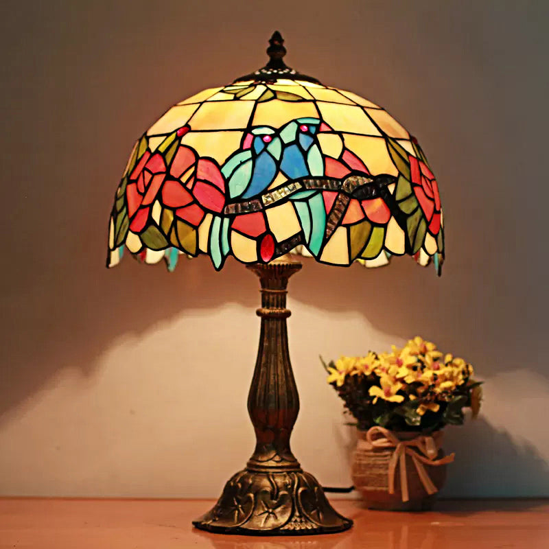 Rustic Parrot Table Lamp: Rose-Stained Glass Lighting In Brass/Copper For Bedroom