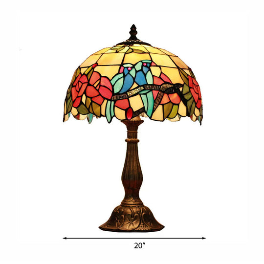 Rustic Parrot Table Lamp: Rose-Stained Glass Lighting In Brass/Copper For Bedroom