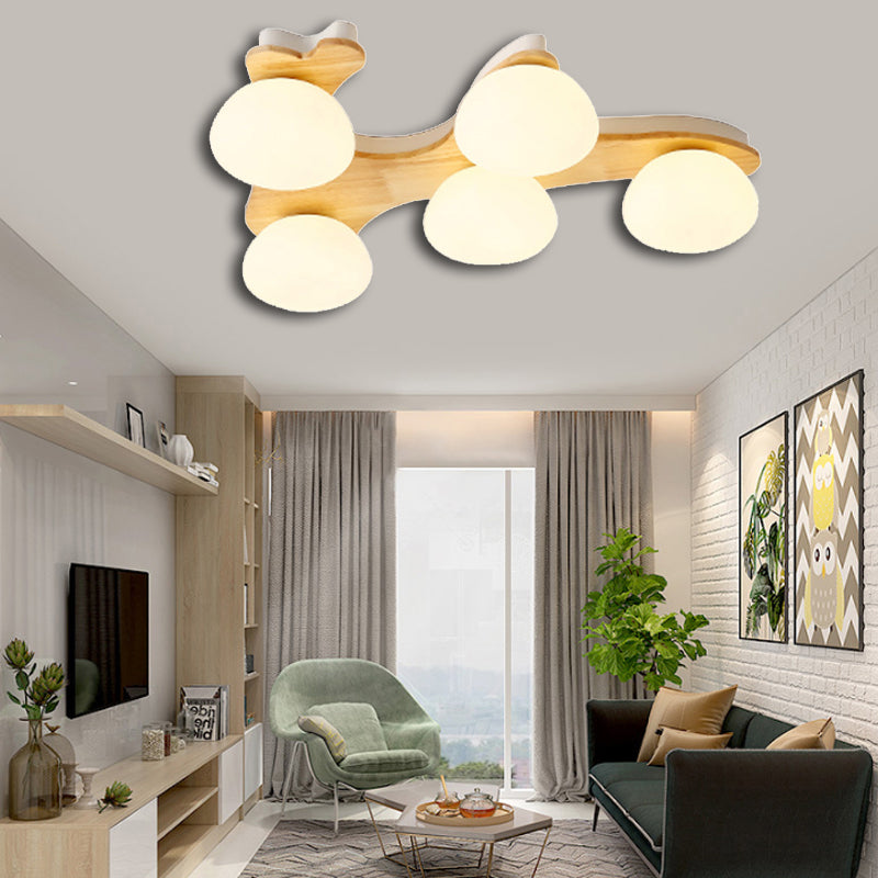 Nordic Oval Milk Glass Wood Ceiling Mount Light For Study Room