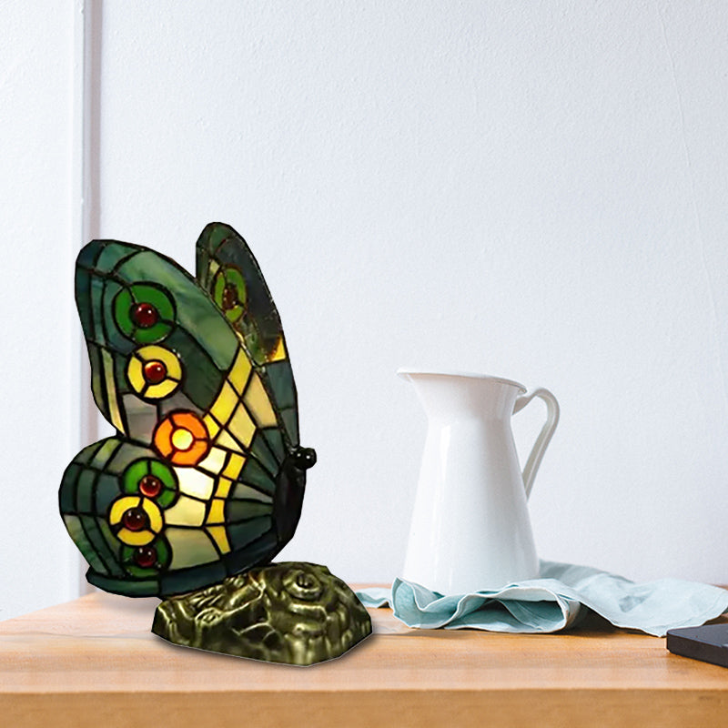 Butterfly Stained Glass Mini Decorative Table Lamp - Red/Yellow/Green Light For Lodge Ambiance Green