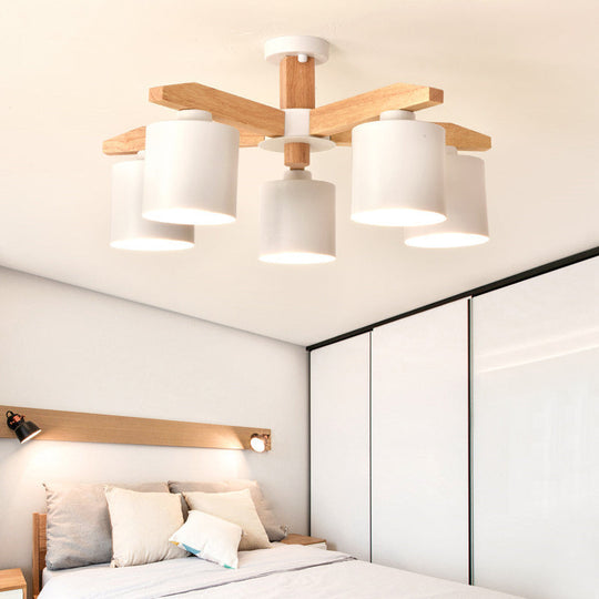 Cylindrical Semi Flush Mount Ceiling Light - Simple Style, 3/5/6/8 Lights, White Metal for Living Room