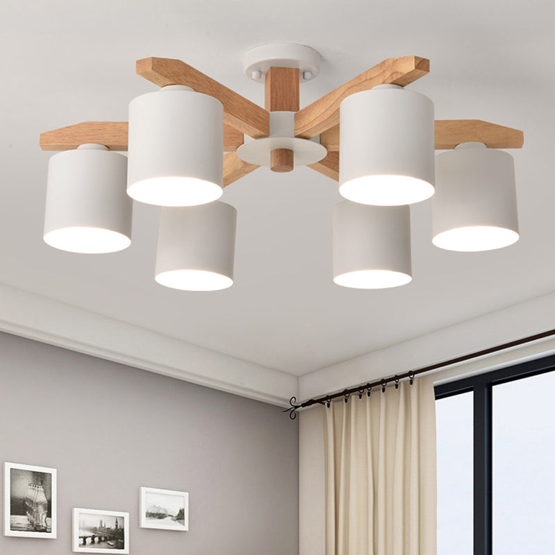 Cylindrical Semi Flush Mount Ceiling Light - Simple Style, 3/5/6/8 Lights, White Metal for Living Room