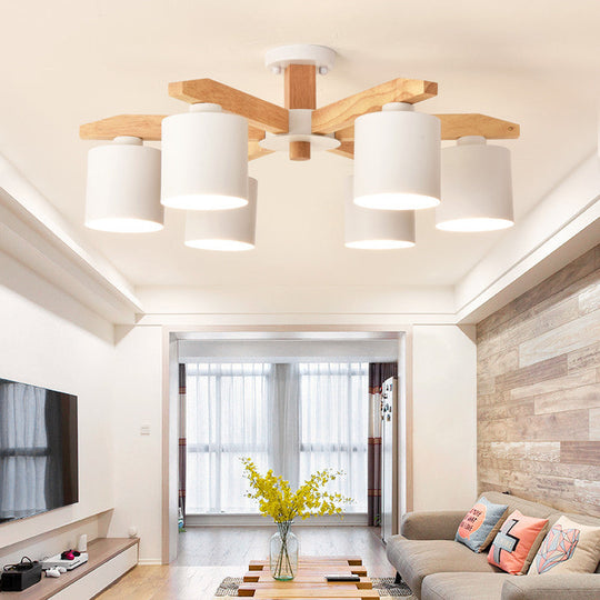 Cylindrical Semi Flush Mount Ceiling Light - Simple Style, 3/5/6/8 Lights, White Metal for Living Room