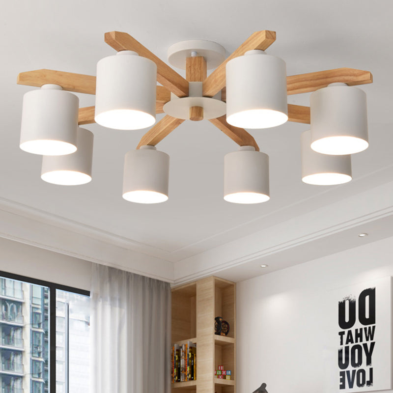 Cylindrical Semi Flush Mount Ceiling Light - Simple Style, 3/5/6/8 Lights, White Metal for Living Room