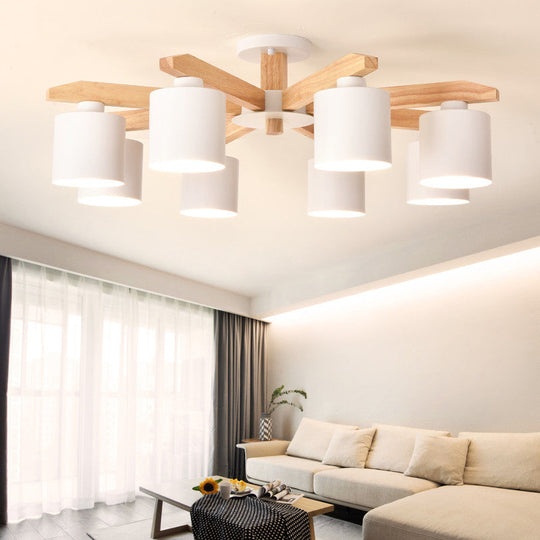 Cylindrical Semi Flush Mount Ceiling Light - Simple Style, 3/5/6/8 Lights, White Metal for Living Room