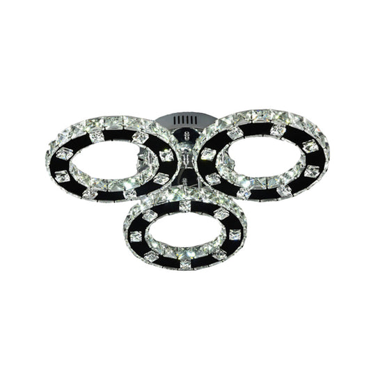 Sleek Stainless-Steel Led Ceiling Light With Cur Crystal Shade - 3-Ring Semi Mount Fixture